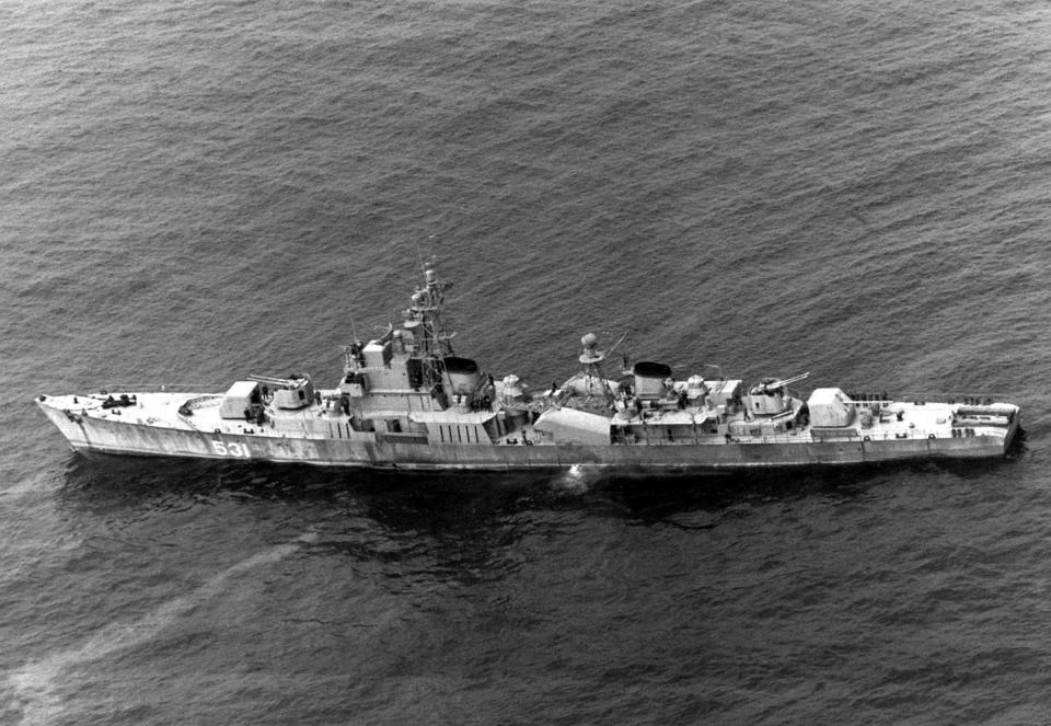 Aerial port side view of a North Korean Navy NAJIN class corvette 531 underway.