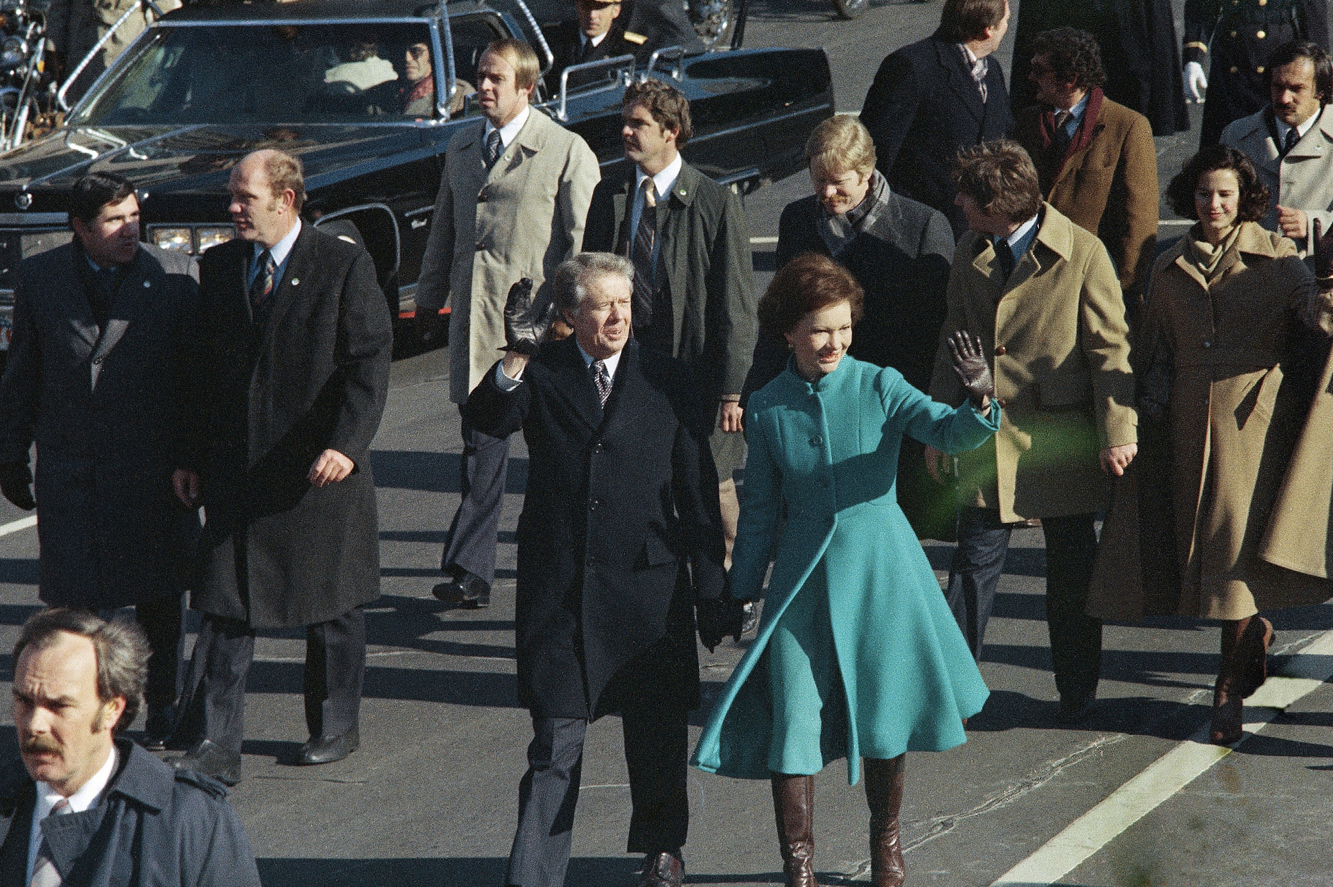 Jimmy Carter and first lady Rosalynn Carter walk down Pennsylvania Avenue after Carter was sworn in as the nation's 39th president on Jan. 20, 1977, in Washington, D.C.
