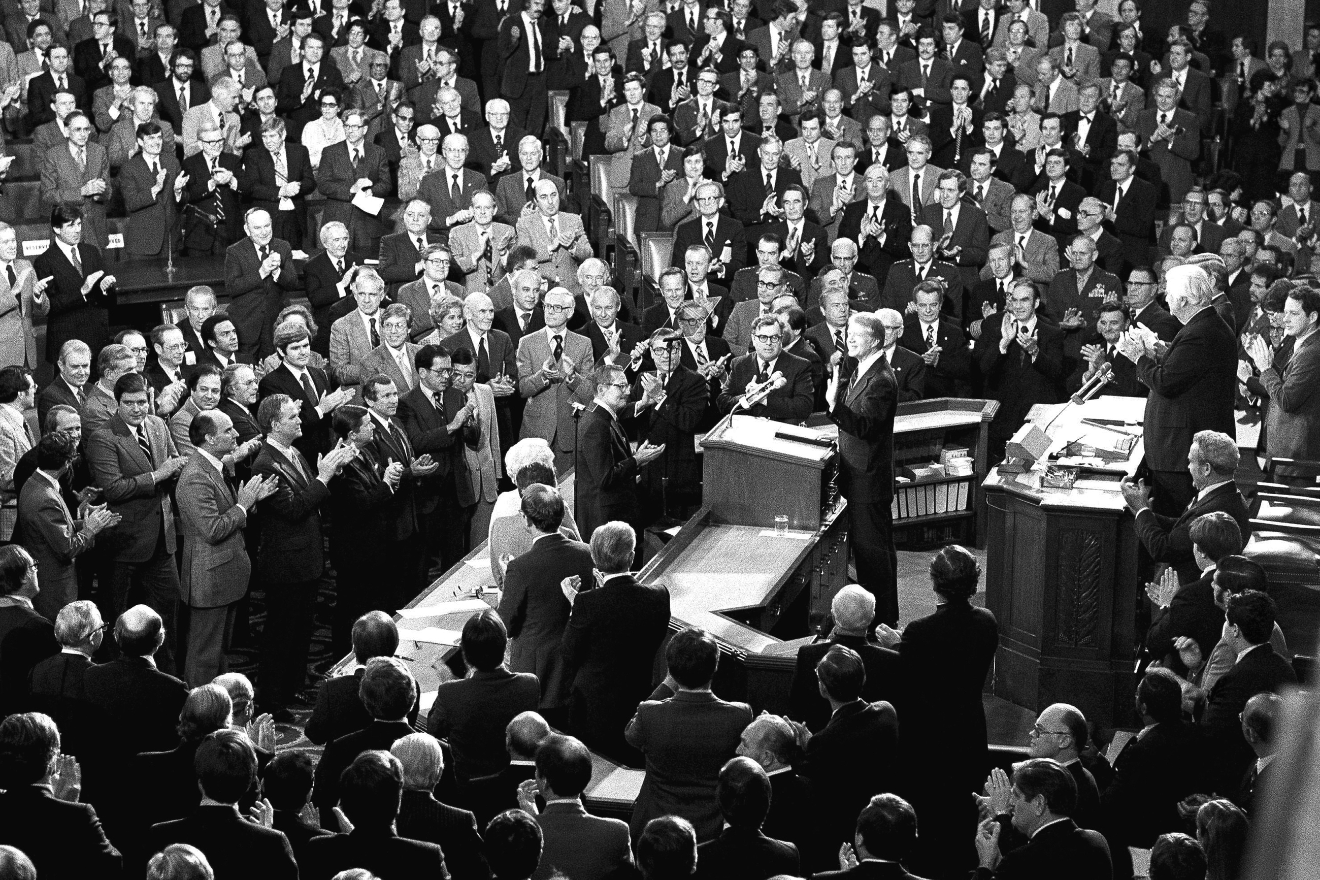 President Carter waves to the crowd gathered in the House chamber of the Capitol building on Jan. 23, 1979, as he prepares to deliver his annual State of the Union address.