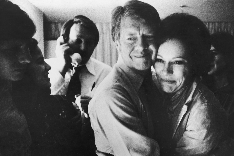 Carter embraces his wife, Rosalynn Carter, after receiving the final news of his victory in the presidential election on Nov. 2, 1976.