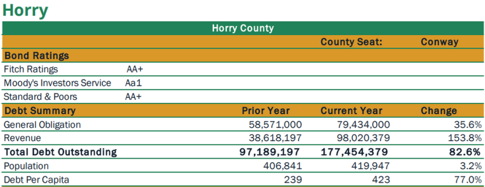 Within Horry County, the City of Myrtle Beach has the highest total municipal debt at $209,221,369, according to the state treasurer&#x002019;s report.