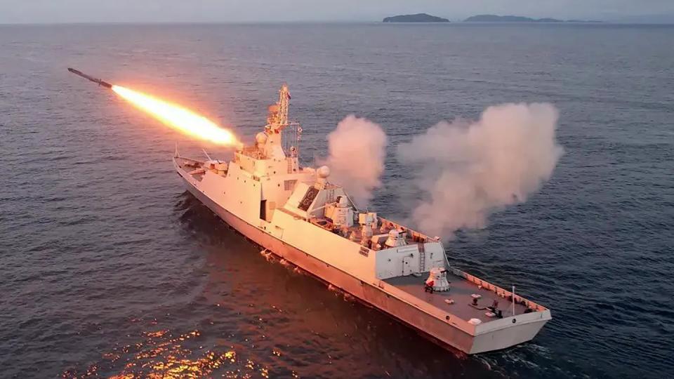 An <em>Amnok</em> class corvette fires a cruise missile. Reportedly, these missiles can be fitted with nuclear warheads. <em>KCNA</em><br>