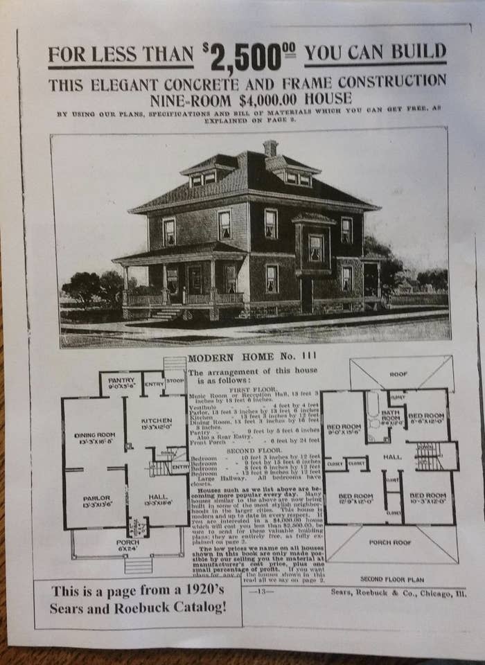 1920s Sears catalog page advertising a concrete and frame, nine-room house for $2,500, including floor plans and brief construction details