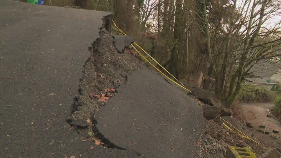 The driveway of a home in Northeast Portland crumbled amid a landslide. December 26, 2024 (KOIN).