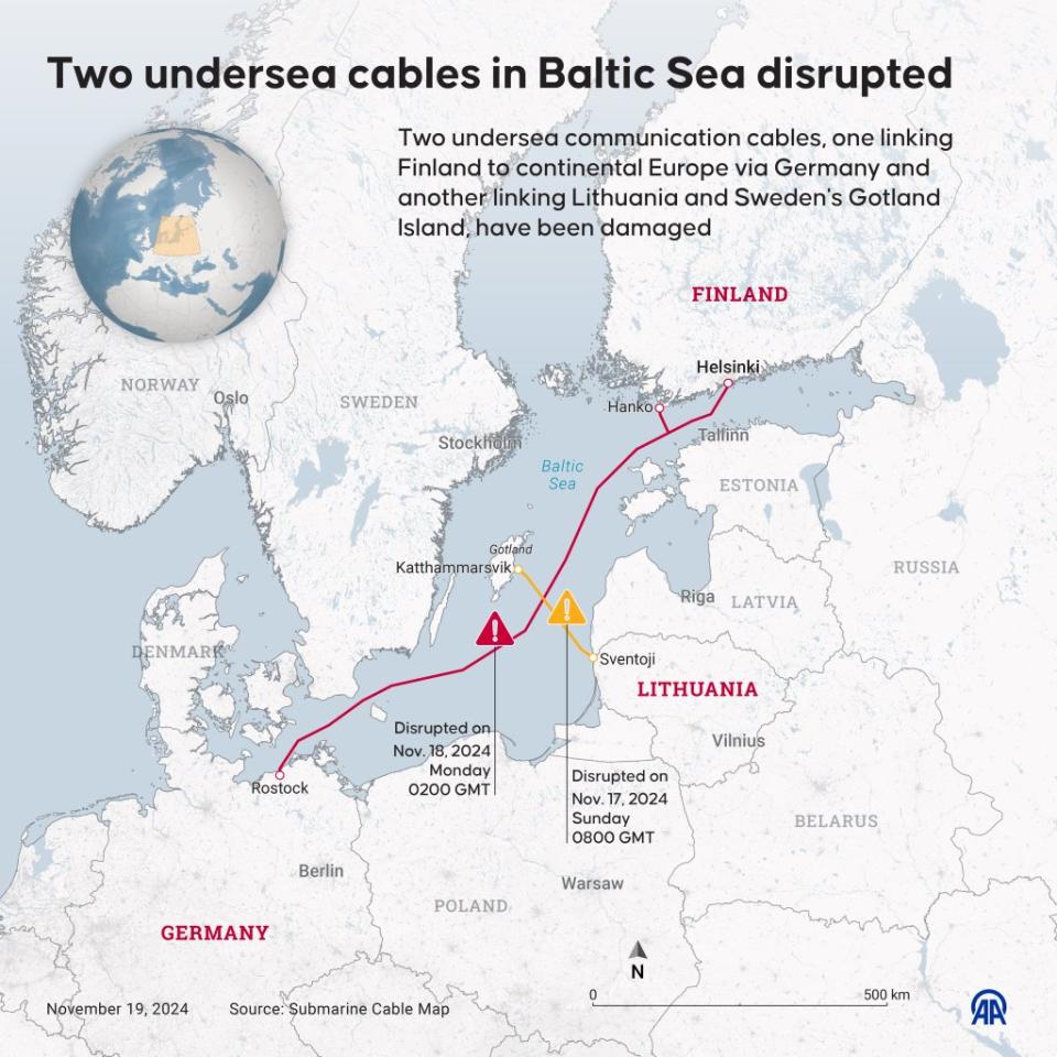 ANKARA, TURKIYE - NOVEMBER 19: An infographic titled &quot;Two undersea cables in Baltic Sea disrupted&quot; created in Ankara, Turkiye on November 19, 2024. Two undersea communication cables, one linking Finland to continental Europe via Germany and another linking Lithuania and Sweden's Gotland Island, have been damaged. (Photo by Murat Usubali/Anadolu via Getty Images)