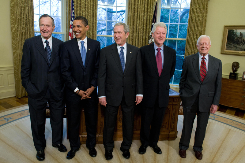 Carter stands with former President George H.W. Bush (from left), President-elect Barack Obama, President George W. Bush and former President Bill Clinton in the Oval Office at the White House on Jan. 7, 2009. George W. Bush had invited all the former presidents and the president-elect to lunch at the White House.