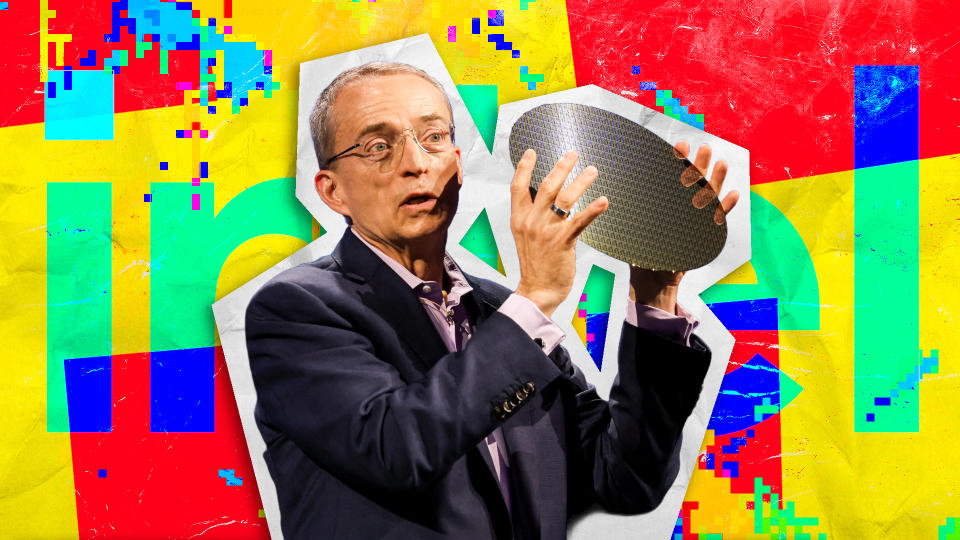  Scrapbook styled punk pop-art image showing former Intel CEO Pat Gelsinger holding a sample of a wafer during his keynote speech at Computex 2024, on top of a colorful montage background. 