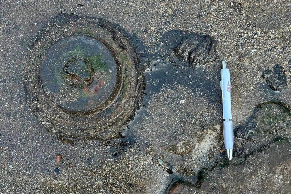 The small round object turned out to be a loudspeaker buried in the sand (Whitehaven Coastguard Rescue Team/Facebook)