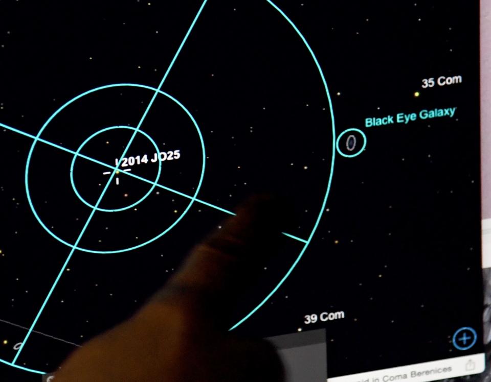 NORTH LAS VEGAS, NV - APRIL 19: Las Vegas Astronomical Society vice president of special events Keith Caceres uses computer software connected to his telescope to locate asteroid 2014 JO25 outside the Planetarium at the College of Southern Nevada on April 19, 2017 in North Las Vegas, Nevada. The near mile-long asteroid is traveling at 75,000 mph as it passes the Earth&#39;s orbit at almost 1.1 million miles from Earth, less than five times the distance from the Earth to the moon. Astronomers at the Catalina Sky Survey in Arizona discovered the asteroid in May 2014, as part of NASA&#39;s Near-Earth Object (NEO) Observations Program. It is a contact binary asteroid (two connected rock lobes that were originally separate) giving it a peanut-like shape and is the closest any asteroid this large has approached Earth since September 2004. (Photo by Ethan Miller/Getty Images)