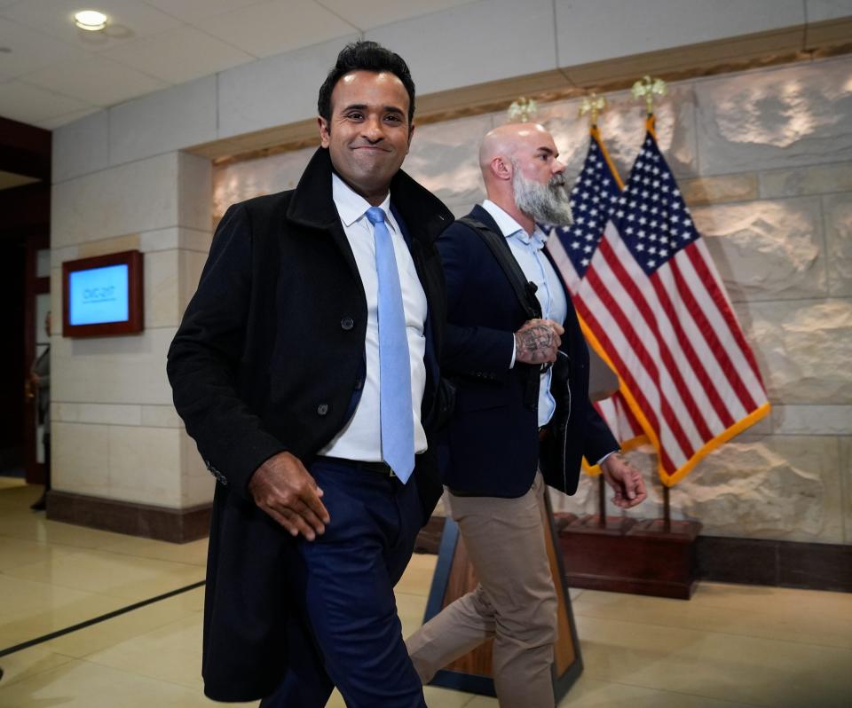 Vivek Ramaswamy, the co-lead with Elon Musk of the newly established Department of Government Efficiency, arriving for meetings at the US Capitol on Dec. 5, 2024 in Washington.