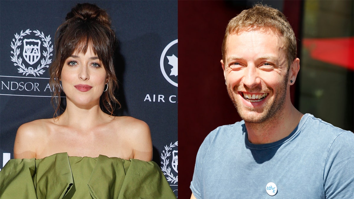 A split image of Dakota Johnson and Chris Martin