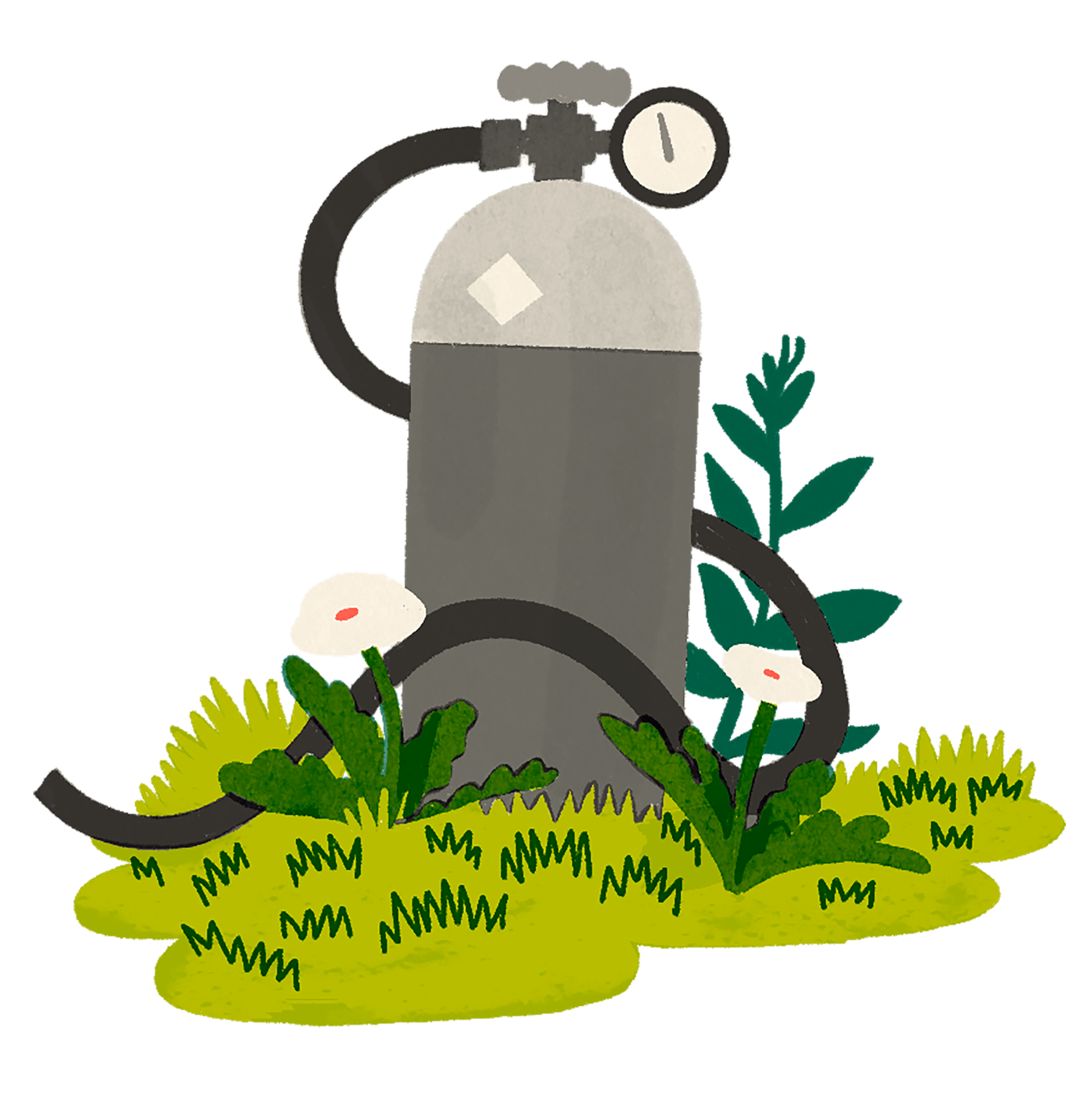 An illustration of a greyscale nitrogen tank surrounded by green grass