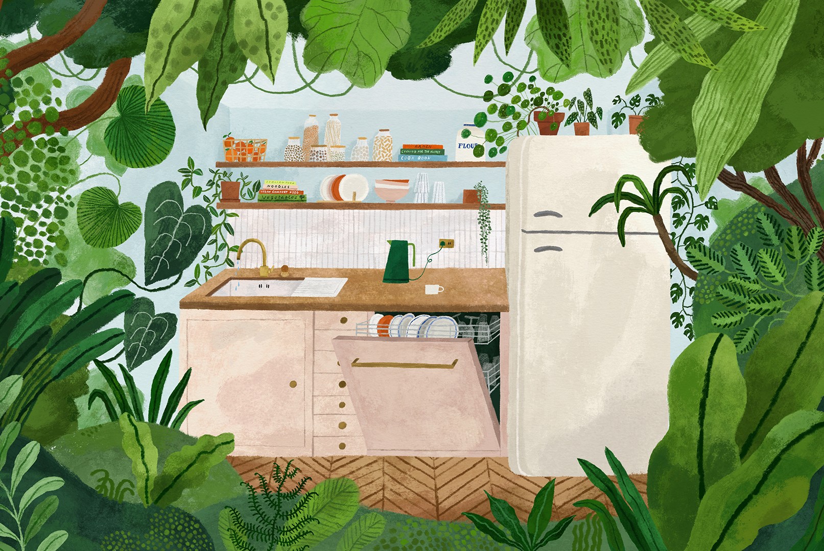 An illustrated kitchen scene with a sink, open dish washer, and refrigerator seen through a frame of lush greenery.