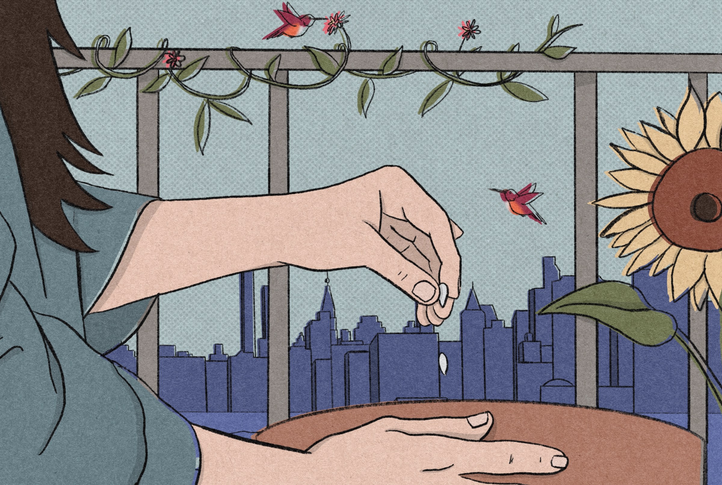 A woman plants seeds in a pot on her New York fire escape.