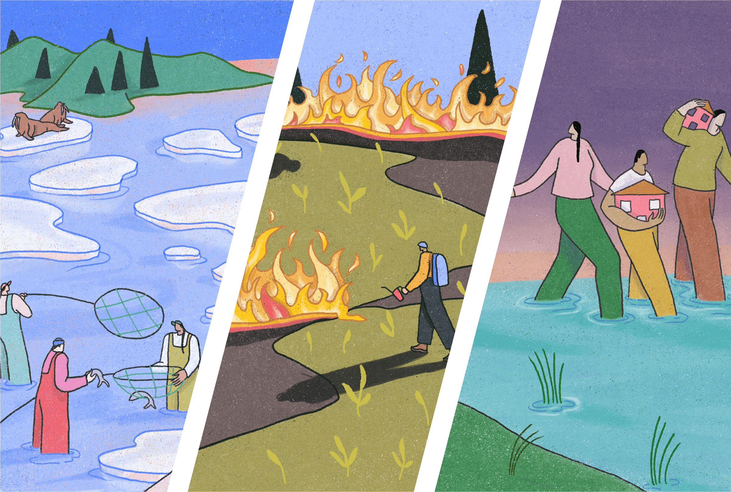 A montage of three illustrated scenes: one with people fishing with large nets in water with broken ice sheets atop, a man implementing a controlled burn to land with shrubbery and trees, and a family wading through flood water while holding miniature homes in their arms.