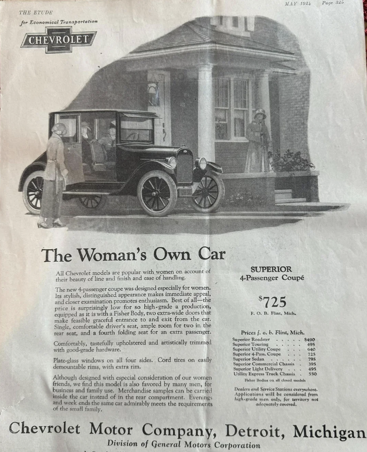 1924 ad for Chevrolet&#39;s Superior 4-passenger Coup&#xe9;, priced at $725, highlighting design for women and ease of handling