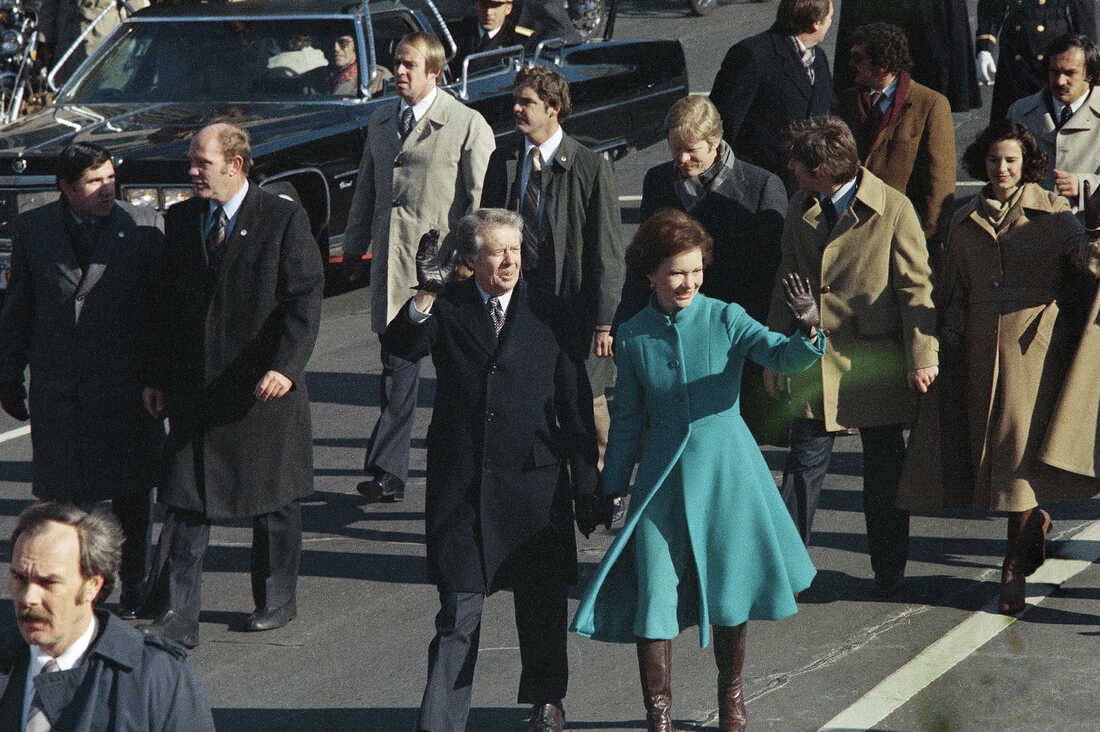 Jimmy Carter and first lady Rosalynn Carter walk down Pennsylvania Avenue after Carter was sworn in as the nation's 39th president on Jan. 20, 1977, in Washington, D.C.