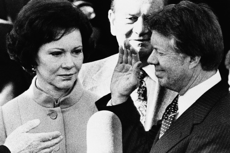 Rosalynn Carter watches her husband take the oath of office as the 39th U.S. president on Jan. 20, 1977.