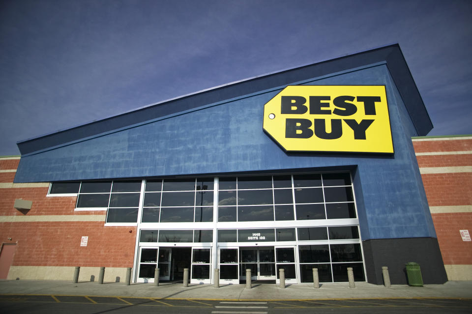 Exterior view of a Best Buy store with its large logo on the front