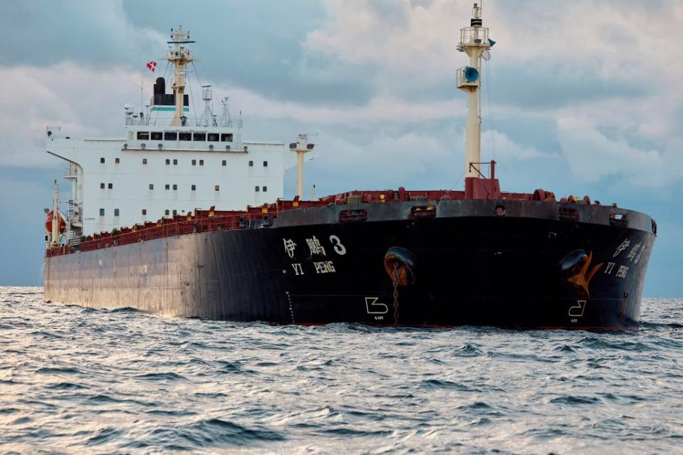 The Chinese ship, the bulk carrier Yi Peng 3 is anchored and being monitored by a Danish naval patrol vessel (unseen) in the sea of Kattegat, near the City og Granaa in Jutland, Denmark, on November 20, 2024. Denmark's navy said on November 20, 2024 it was shadowing a Chinese cargo vessel in the Baltic Sea, a day after Finland and Sweden opened investigations into suspected sabotage of two severed undersea telecoms cables. &quot;The Danish Defence can confirm that we are present in the area near the Chinese ship Yi Peng 3,&quot; the military wrote in an email to AFP, adding that it would make no further comment for the time-being. (Photo by Mikkel Berg Pedersen / Ritzau Scanpix / AFP) / Denmark OUT (Photo by MIKKEL BERG PEDERSEN/Ritzau Scanpix/AFP via Getty Images)