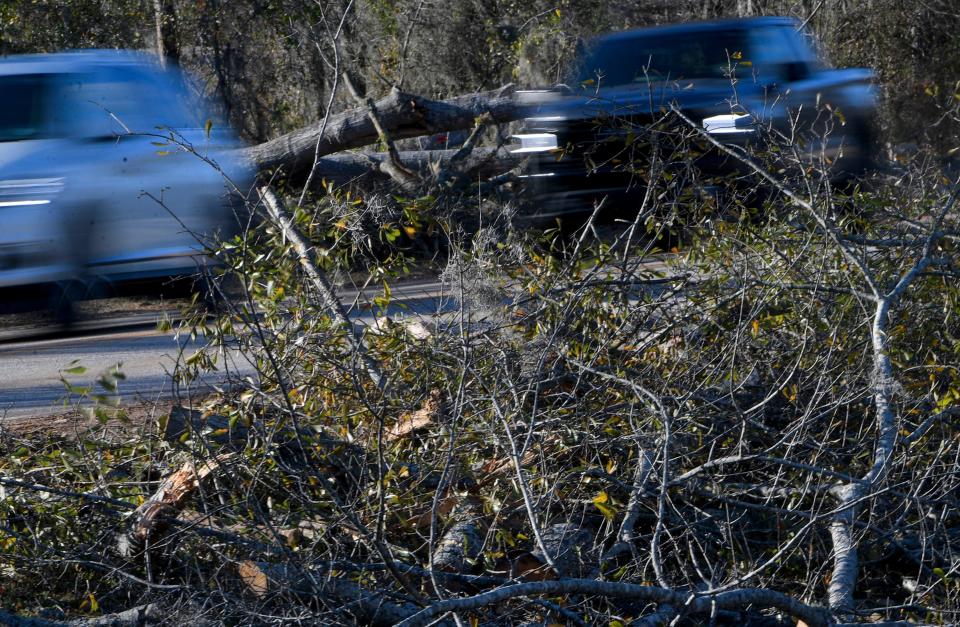 Downed trees from an overnight storm is seen in Pike Road, Ala., on Sunday December 29, 2024.