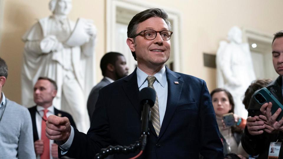 PHOTO: Speaker of the House Mike Johnson, R-La., talks to reporters after passing the funding bill to avert the government shutdown at the Capitol in Washington, Dec. 20, 2024.  (Jose Luis Magana/AP)