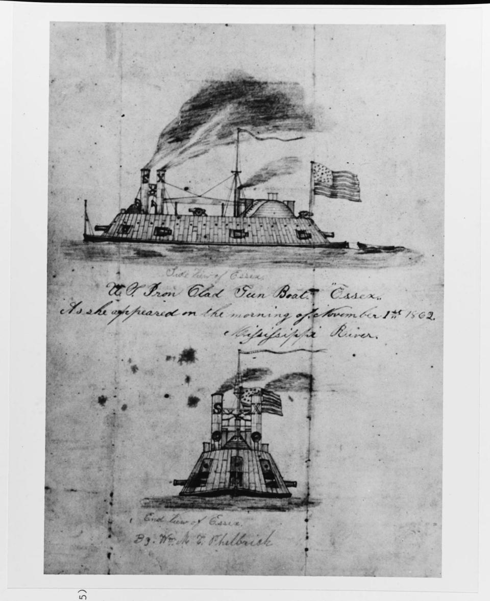 The USS Essex operating on the Mississippi River on Nov. 1, 1862, as drawn by William M.C. Philbrick, a crew member of a nearby Navy ship. <a href="https://www.history.navy.mil/content/history/nhhc/our-collections/photography/numerical-list-of-images/nhhc-series/nh-series/NH-54000/NH-54284.html" rel="nofollow noopener" target="_blank" data-ylk="slk:U.S. Naval History and Heritage Command;elm:context_link;itc:0;sec:content-canvas" class="link ">U.S. Naval History and Heritage Command</a>