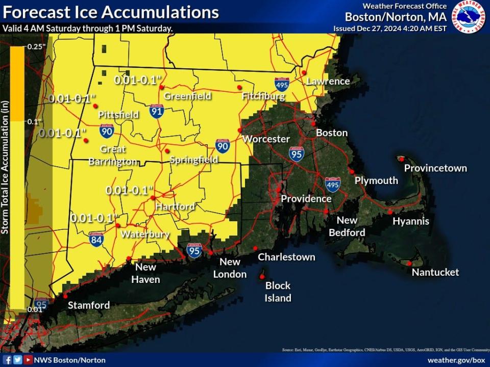 The National Weather Service issued a winter weather advisory in parts of Massachusetts over ice concerns.