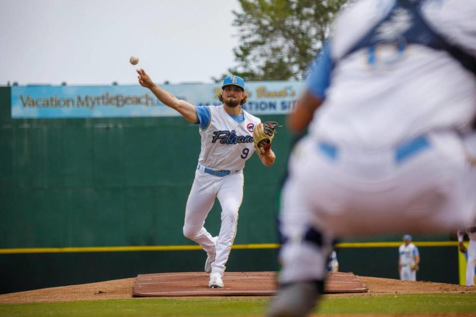 Myrtle Beach Pelicans pitcher Porter Hodge, who started Tuesday night&#x002019;s home opener, warms up at practice on April 05, 2022.