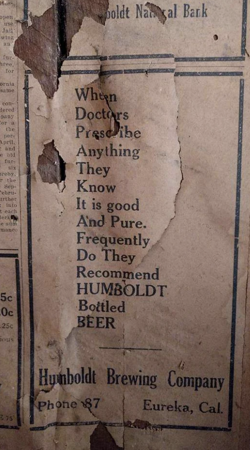 Vintage ad for Humboldt Brewing Company, promoting their bottled beer as recommended by doctors for its quality and purity, located in Eureka, CA