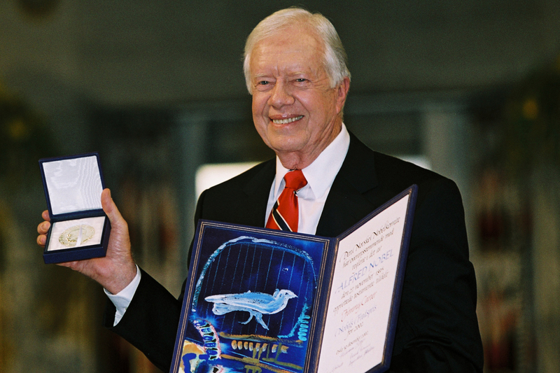 In his acceptance speech for his Nobel Peace Prize in 2002, Carter, who was recognized for many years of public service, urged others to work for peace.