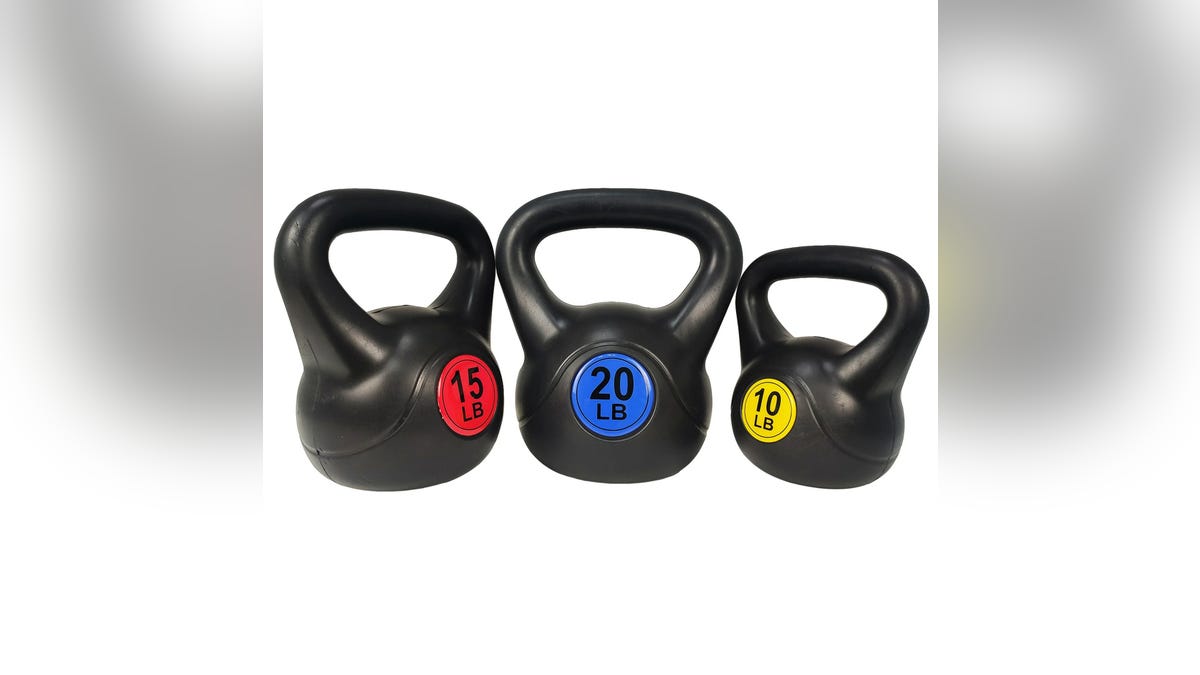 This three-piece set comes with 10, 15 and 20-pound kettlebells.