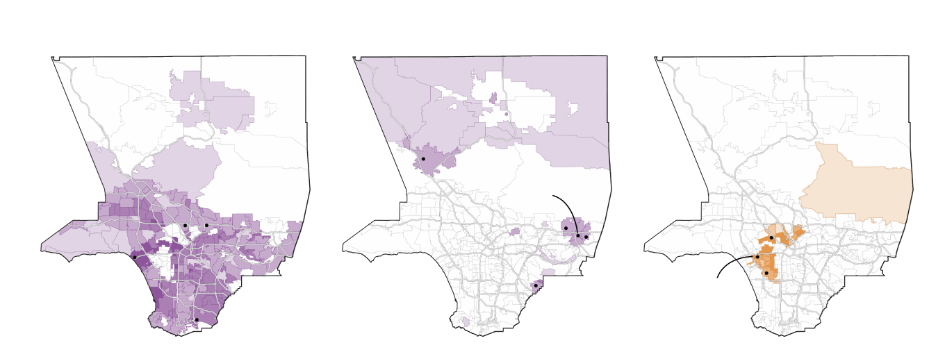 Maps of Los Angeles County showing support for Proposition 47 and Proposition 36 by neighborhood. Neighborhoods that voted both “Yes on Prop. 47” in 2014 and “Yes on Prop. 36” in 2024 include Glendale, Pasadena, Santa Monica and Long Beach. Neighborhoods that voted “No on Prop. 47” in 2014 and “Yes on Prop. 36” in 2024 include Santa Clarita, San Dimas, Glendora, La Verne and La Mirada. Neighborhoods that voted “Yes on Prop. 47” in 2014 and “No on Prop. 36” in 2024 include Hollywood, Culver City and Inglewood.