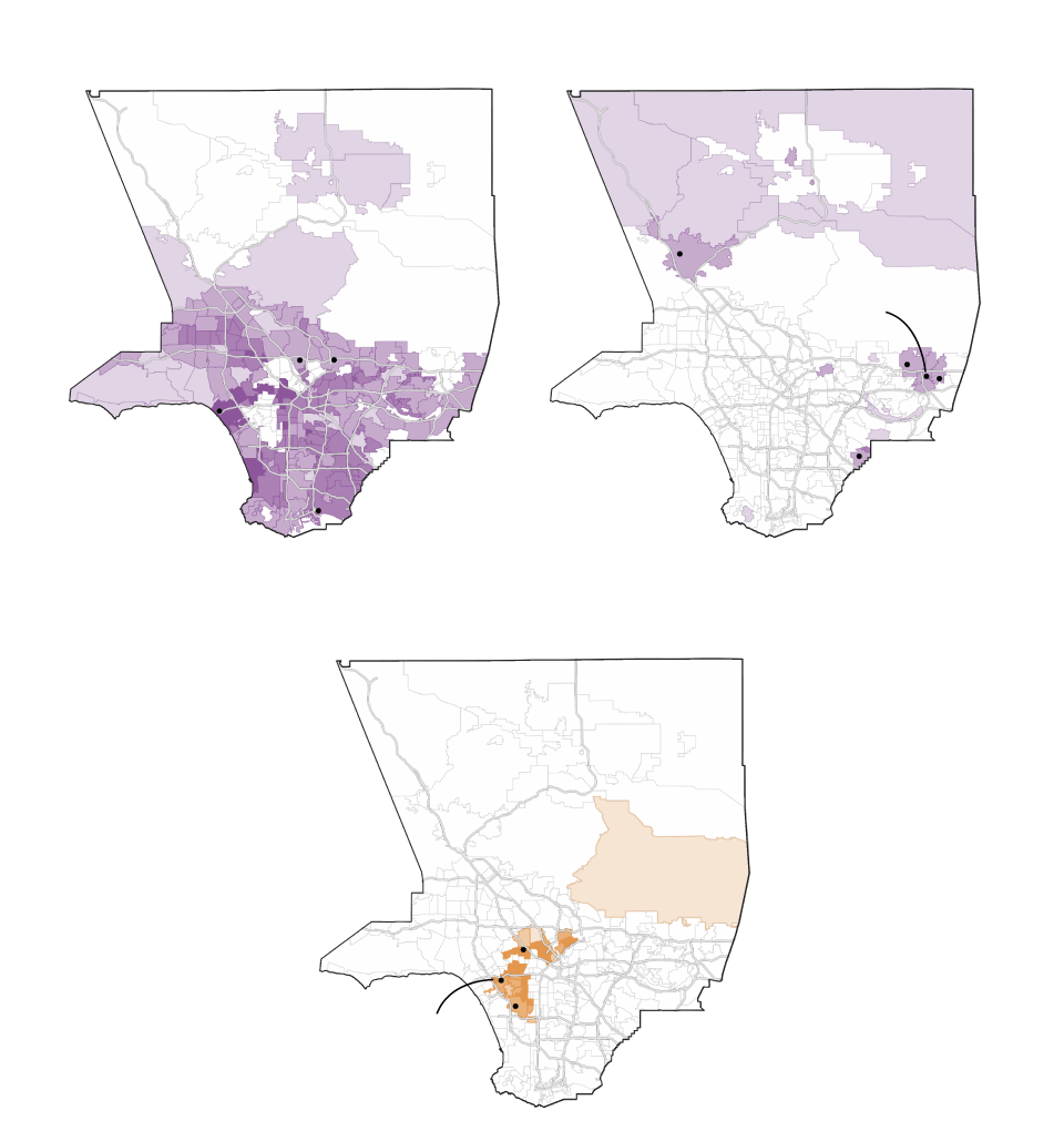 Maps of Los Angeles County showing support for Proposition 47 and Proposition 36 by neighborhood. Neighborhoods that voted both “Yes on Prop. 47” in 2014 and “Yes on Prop. 36” in 2024 include Glendale, Pasadena, Santa Monica and Long Beach. Neighborhoods that voted “No on Prop. 47” in 2014 and “Yes on Prop. 36” in 2024 include Santa Clarita, San Dimas, Glendora, La Verne and La Mirada. Neighborhoods that voted “Yes on Prop. 47” in 2014 and “No on Prop. 36” in 2024 include Hollywood, Culver City and Inglewood.