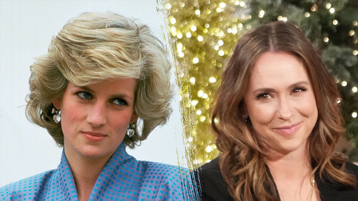 Princess Diana in a light blue blouse with blue squares looks to her left split Jennifer Love Hewitt in a black blazer looks to her right