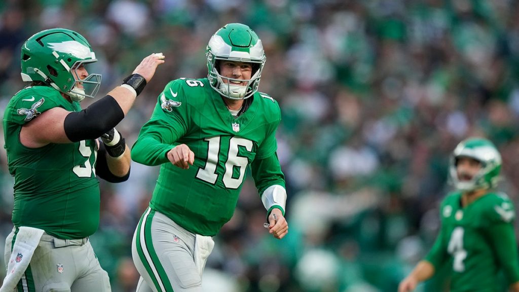 Eagles’ Tanner McKee throws 1st career TD pass, teammate AJ Brown launches ball into stands