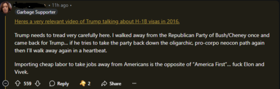 Social media post discussing a 2016 video of Trump on H-1B visas, highlighting opposition to cheap labor and a critique of certain figures