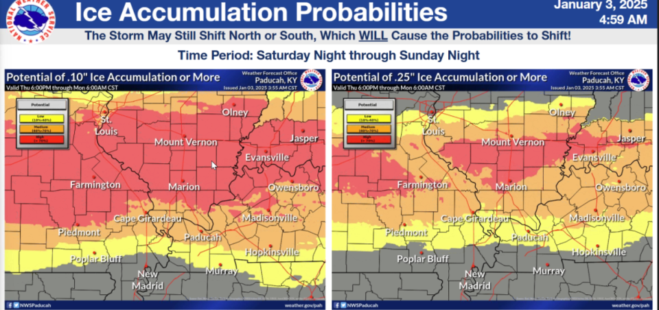 A graphic from the Paducah, Kentucky office of the National Weather Service shows the ice accumulation for Evansville as the area braces for a winter storm this weekend.