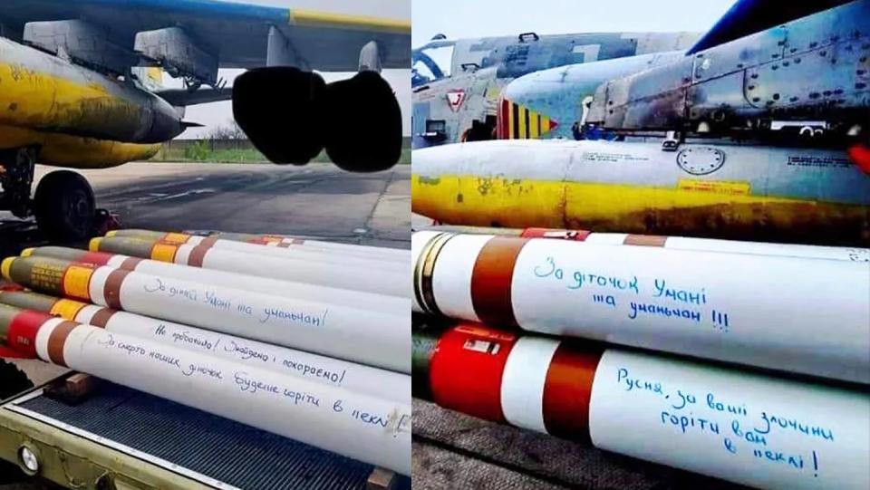 A series of photos show Zuni unguided rockets being prepared for arming Ukrainian Su-25s. <em>via X </em>