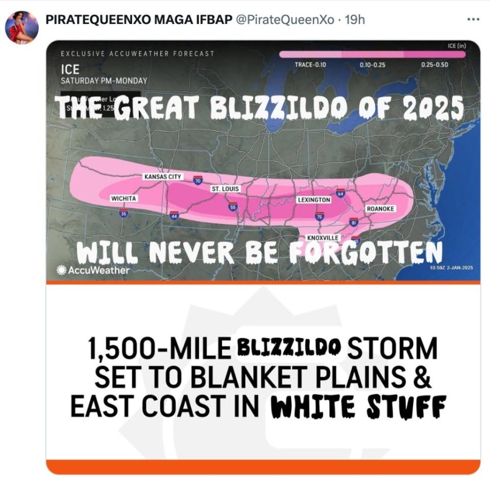 Another popular meme of the so-called bulge in the blizzard. @PirateQueenXO/X