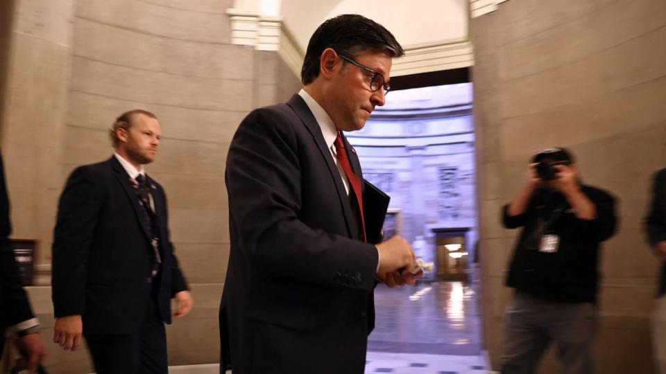 PHOTO: Speaker of the House Mike Johnson leaves his office in the U.S. Capitol, Jan. 3, 2025, in Washington.  (Chip Somodevilla/Getty Images)