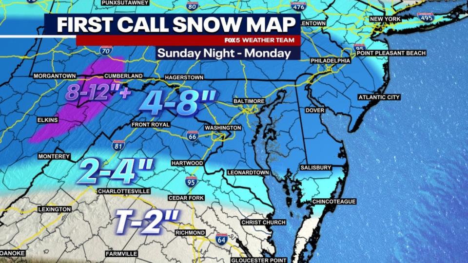 <div>First call snow totals show 4-8" for much of the region, with a potential northern shift in totals.</div>