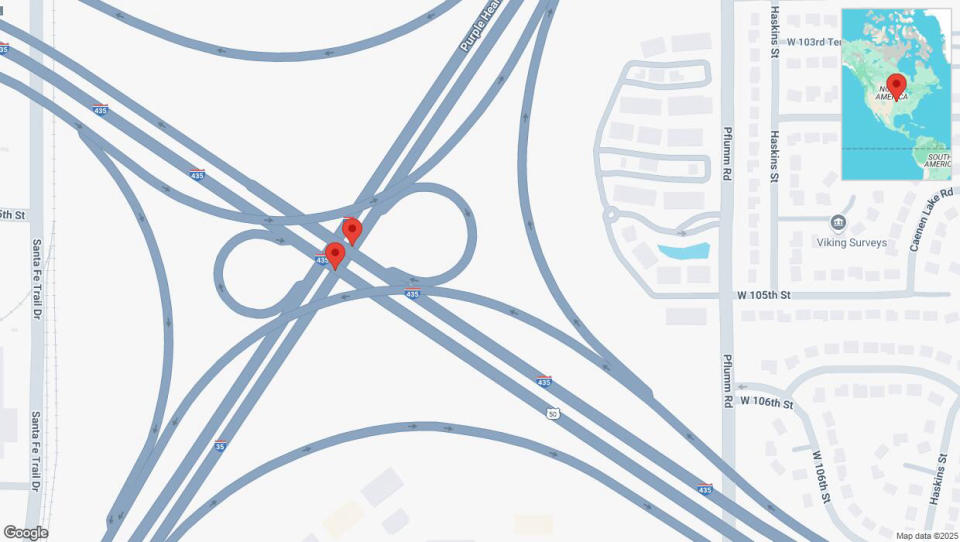 A detailed map that shows the affected road due to &#39;Warning: Crash on eastbound I-35 in Lenexa&#39; on January 4th at 12:49 a.m.