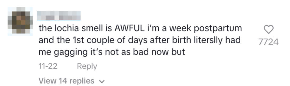 Comment discussing the strong smell of lochia in the first week postpartum, noting it's improved over time