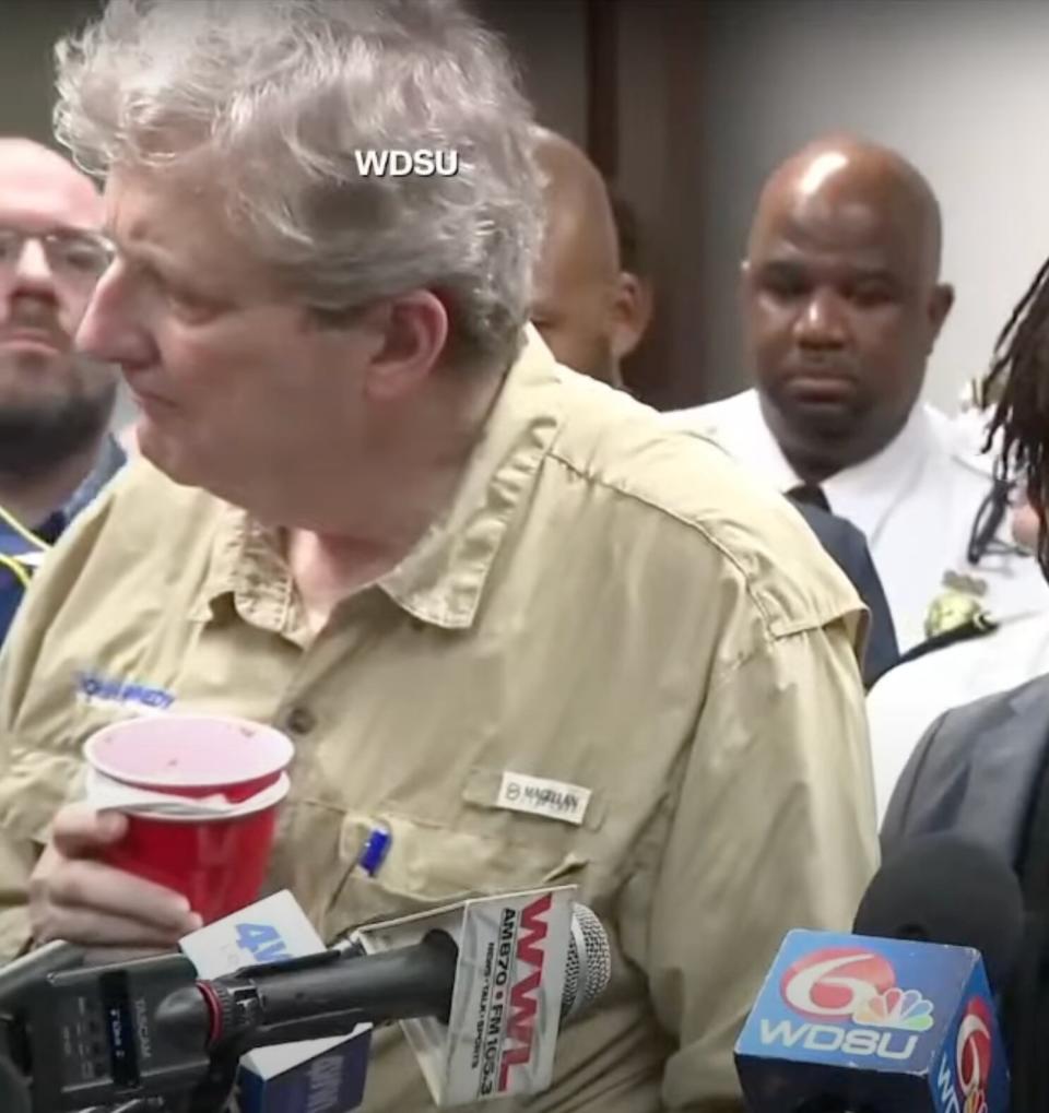 Sen. John Kennedy could be seen sipping from a red solo cup during Wednesday’s press conference. / WDSU