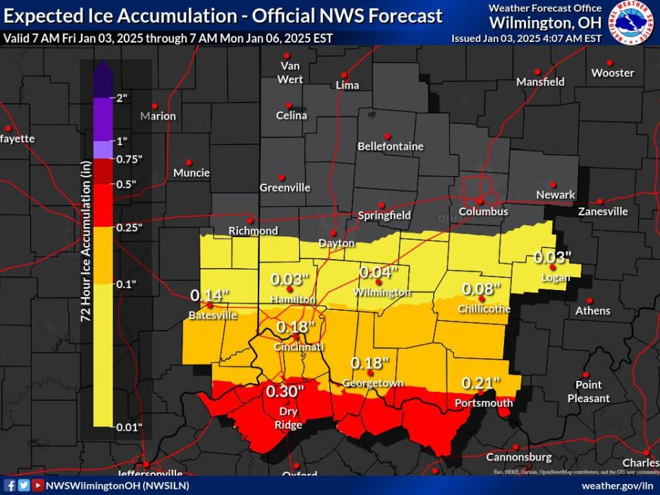 Predictions for ice accumulations in the region from the winter storm taking aim this weekend.