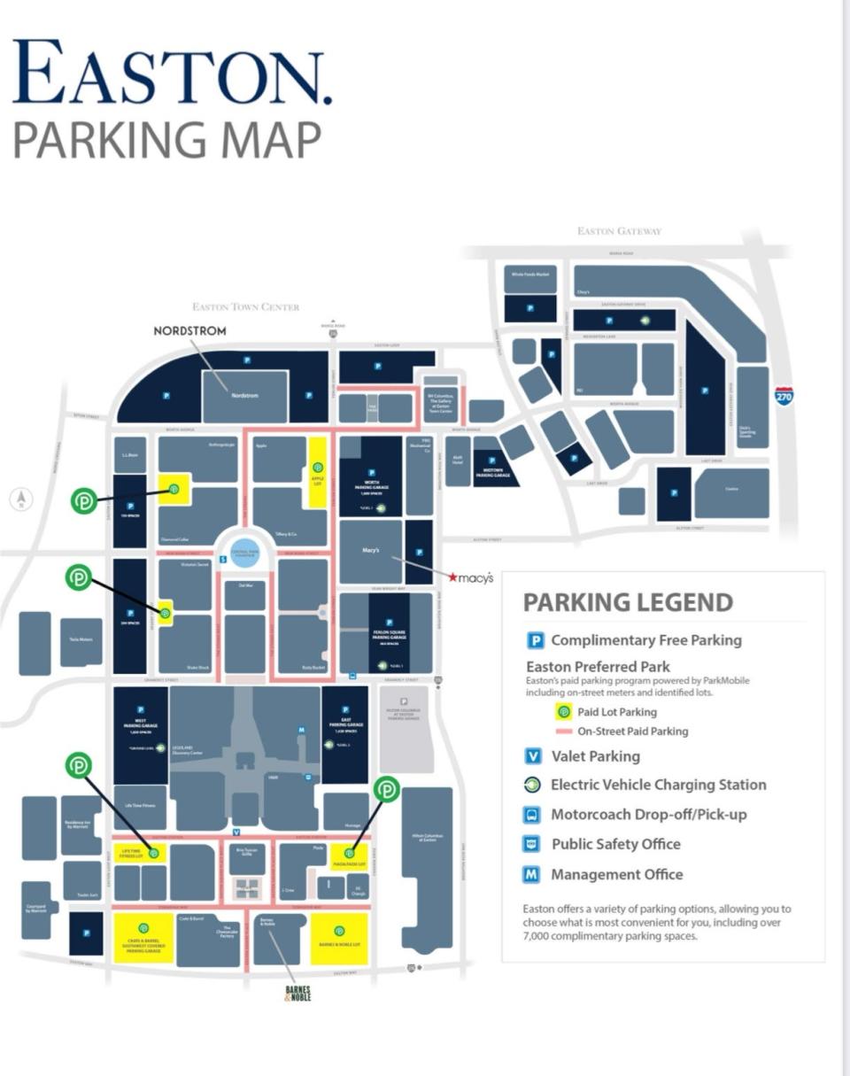 A map of the Easton Town Center&#39;s new parking arrangement.