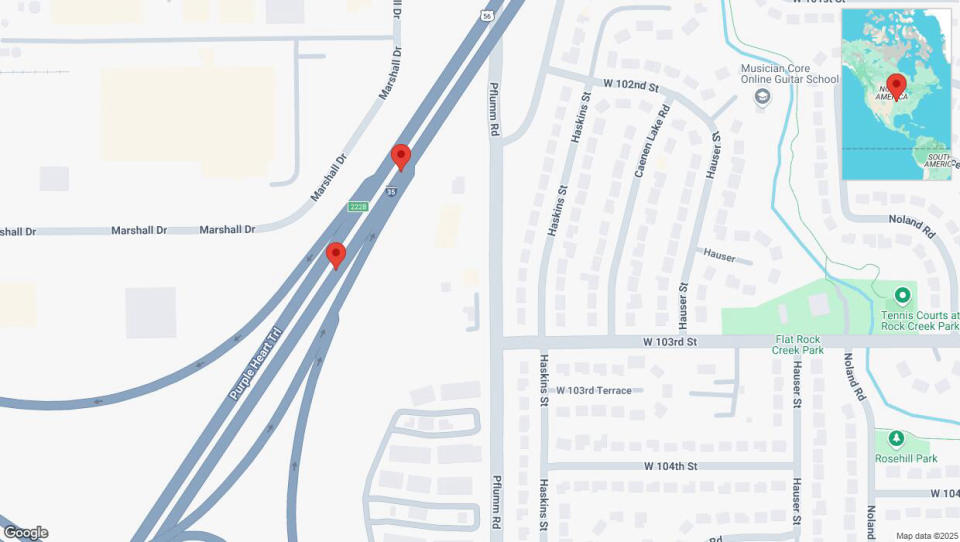 A detailed map that shows the affected road due to &#39;Broken down vehicle on eastbound I-35 in Lenexa&#39; on January 3rd at 9:20 p.m.