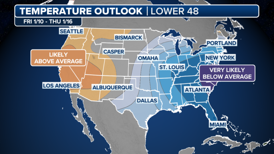 <div>This graphic shows the temperature outlook starting Jan. 9, 2025. <strong>(FOX Weather)</strong></div>