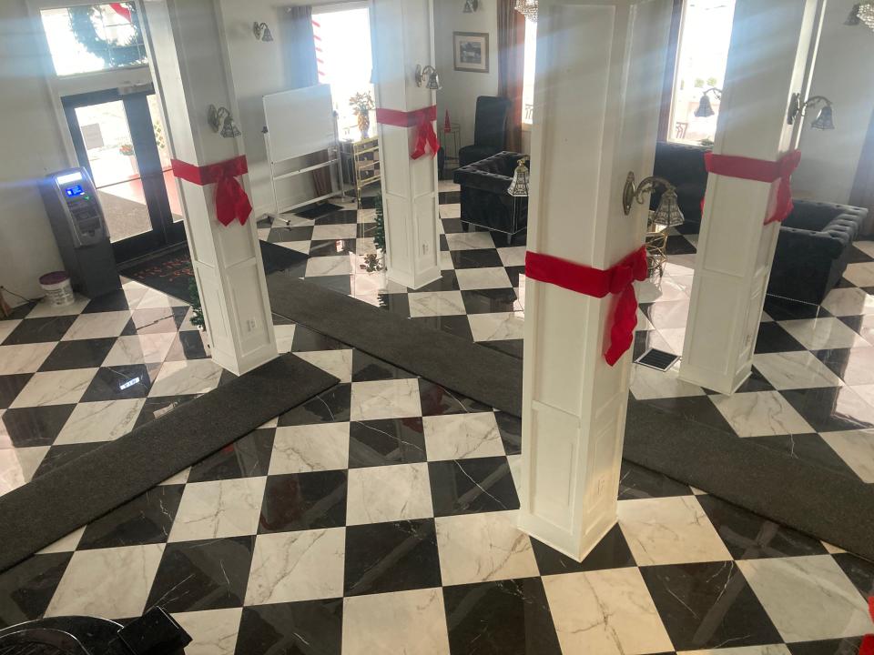 The newly renovated lobby of the Hotel Conneaut is decorated for the holidays.